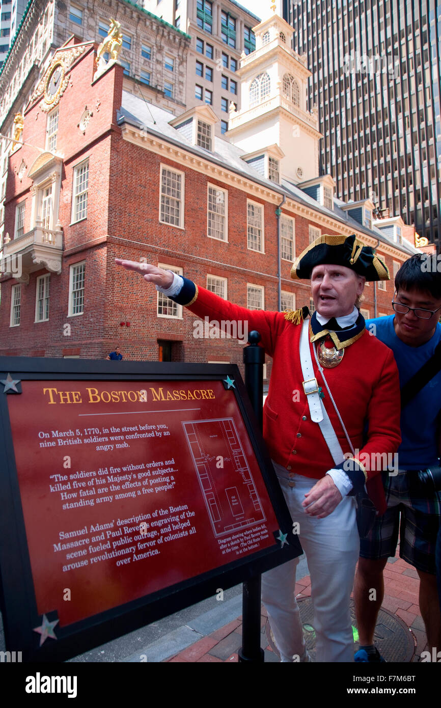 Historical reenactor-docent at site of March 5, 1770 Boston Massacre, pre-American Revolution and Old South Meeting House, Freedom Trail, Boston, MA Stock Photo