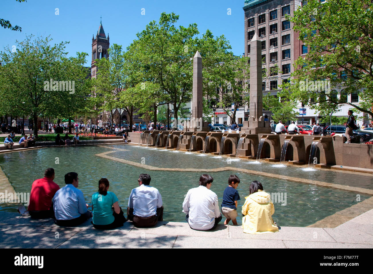 Fountain and park in front of Trinity Church, Backbay, Boston, MA Stock Photo