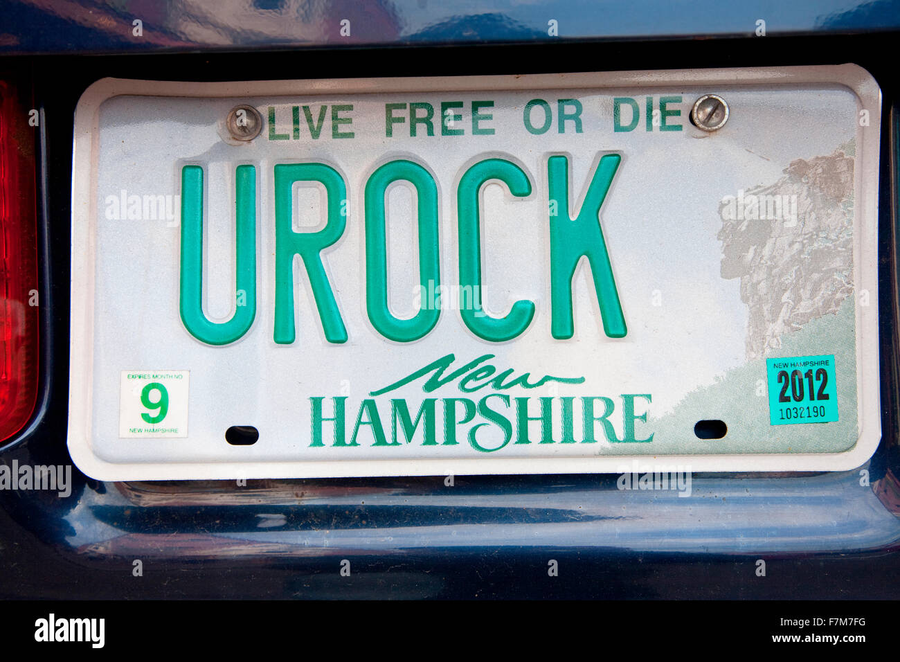 New Hampshire license plate reading 'U ROCK', New Hapshire Stock Photo