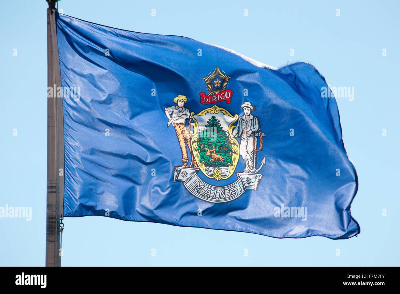 Maine State Flag blows in blue sky, Maine Stock Photo