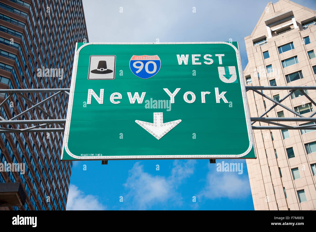 Road sign to New York City, via Interstate 90, Boston, MA Stock Photo