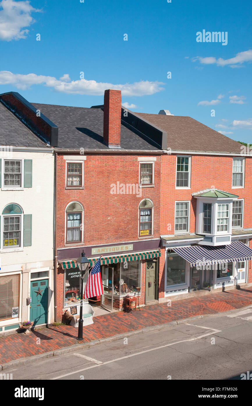 Storefronts line Water Street in Hallowell, Maine Stock Photo