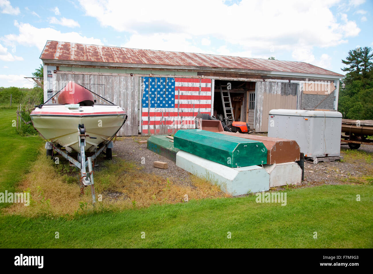 American flag on Howard's shed, near Sidney, Maine Stock Photo