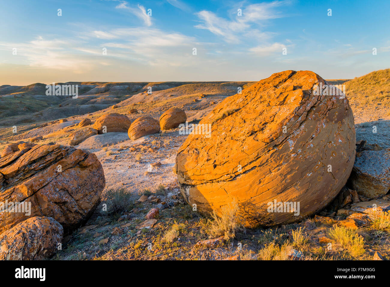 Large sandstone concretions, Red Rock Coulee Natural Area, Alberta, Canada Stock Photo