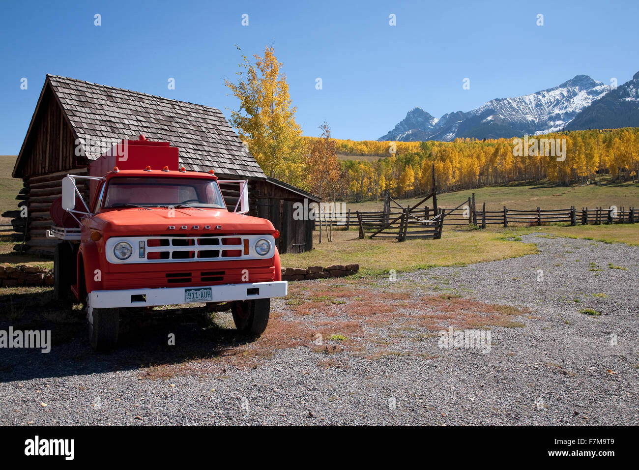 Red truck parked at 'Last Dollar Ranch' in San Juan Mountains, outside of Ridgeway, Colorado Stock Photo