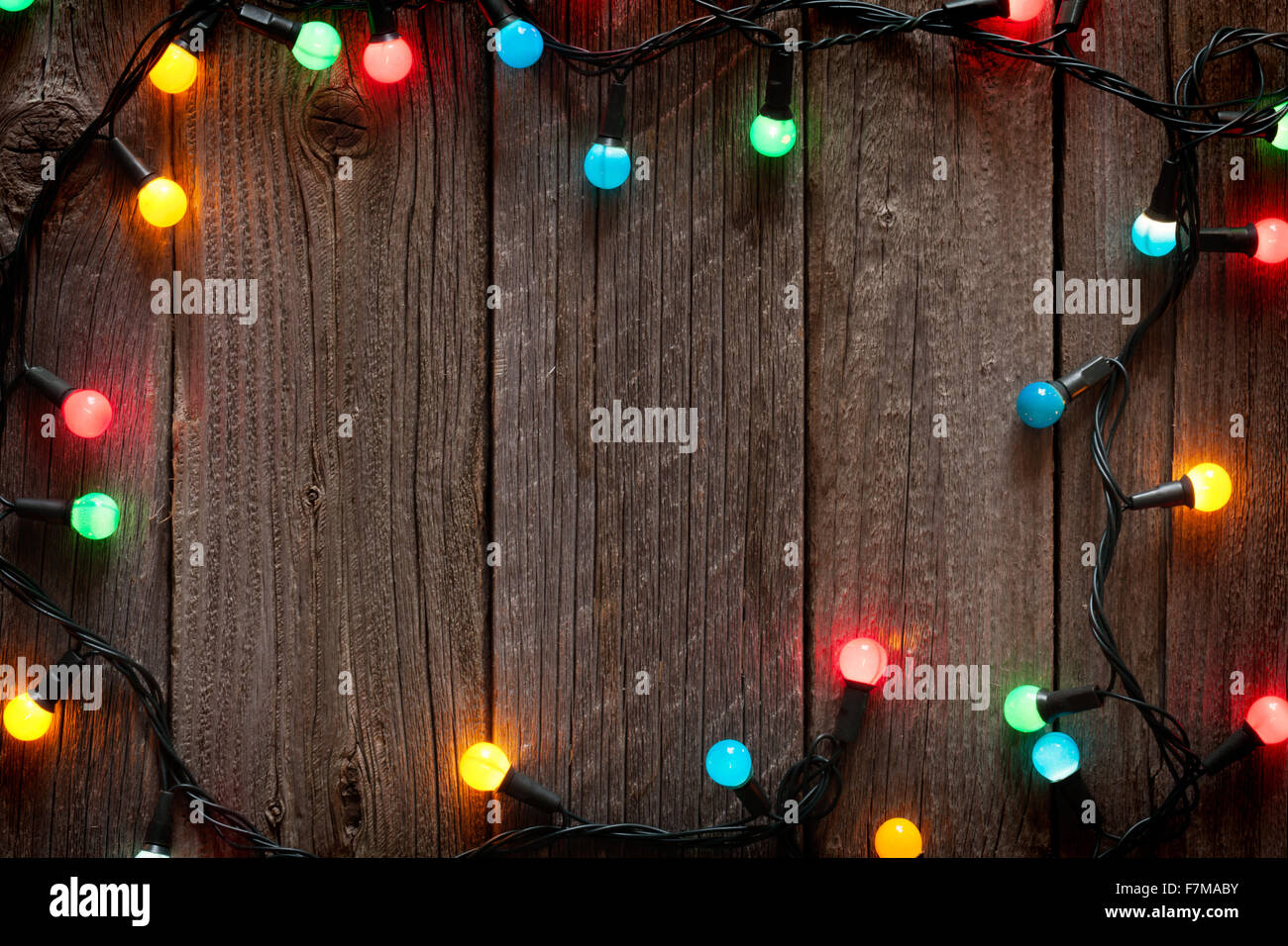 Christmas Colorful Lights Frame On Wooden Table With Copy Space Stock Photo Alamy