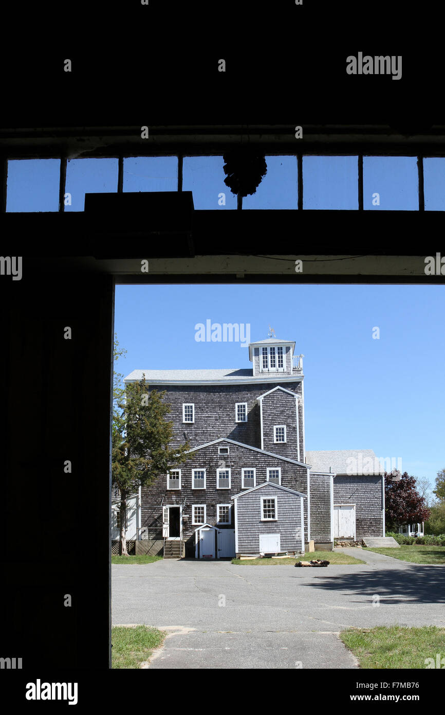 Looking out at the Cape Playhouse from inside the theater's Scene Shop. Dennis, Cape Cod, Massachusetts Stock Photo