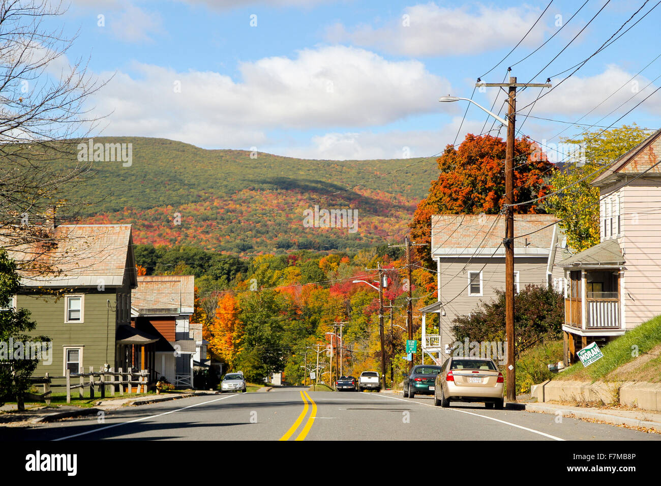 Driving into North Adams, Massachusetts in the fall Stock Photo