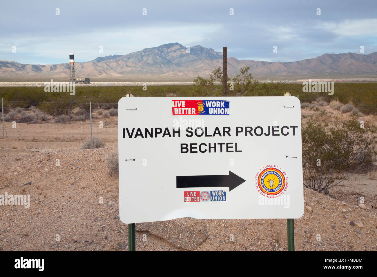 Solar Thermal Tower is seen at Ivanpah Solar Project Bechtel, Mojave Desert, California near Nevada border Stock Photo