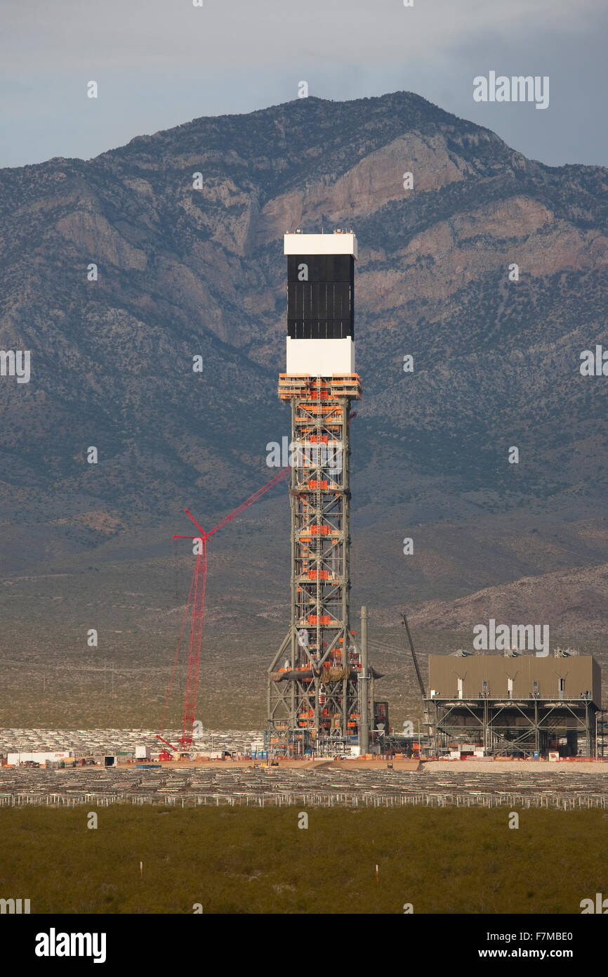 Solar Thermal Tower is seen at Ivanpah Solar Project Bechtel, Mojave Desert, California near Nevada border Stock Photo