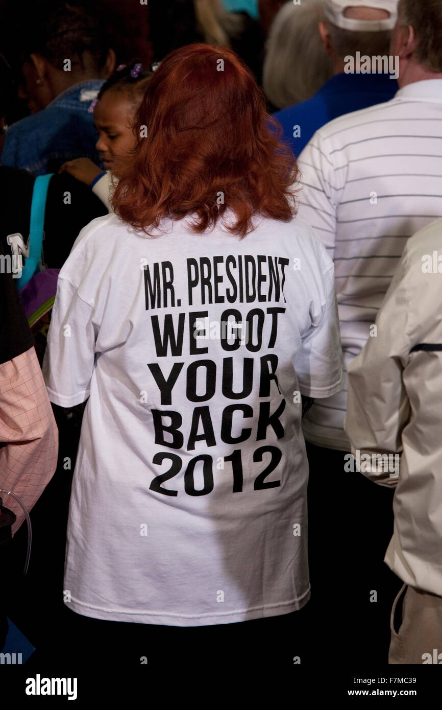 T-shirt says "Mr President We got your back-2012" at President Obama campaign rally at Orr Middle School in Las Vegas, October 26, 2012 Stock Photo