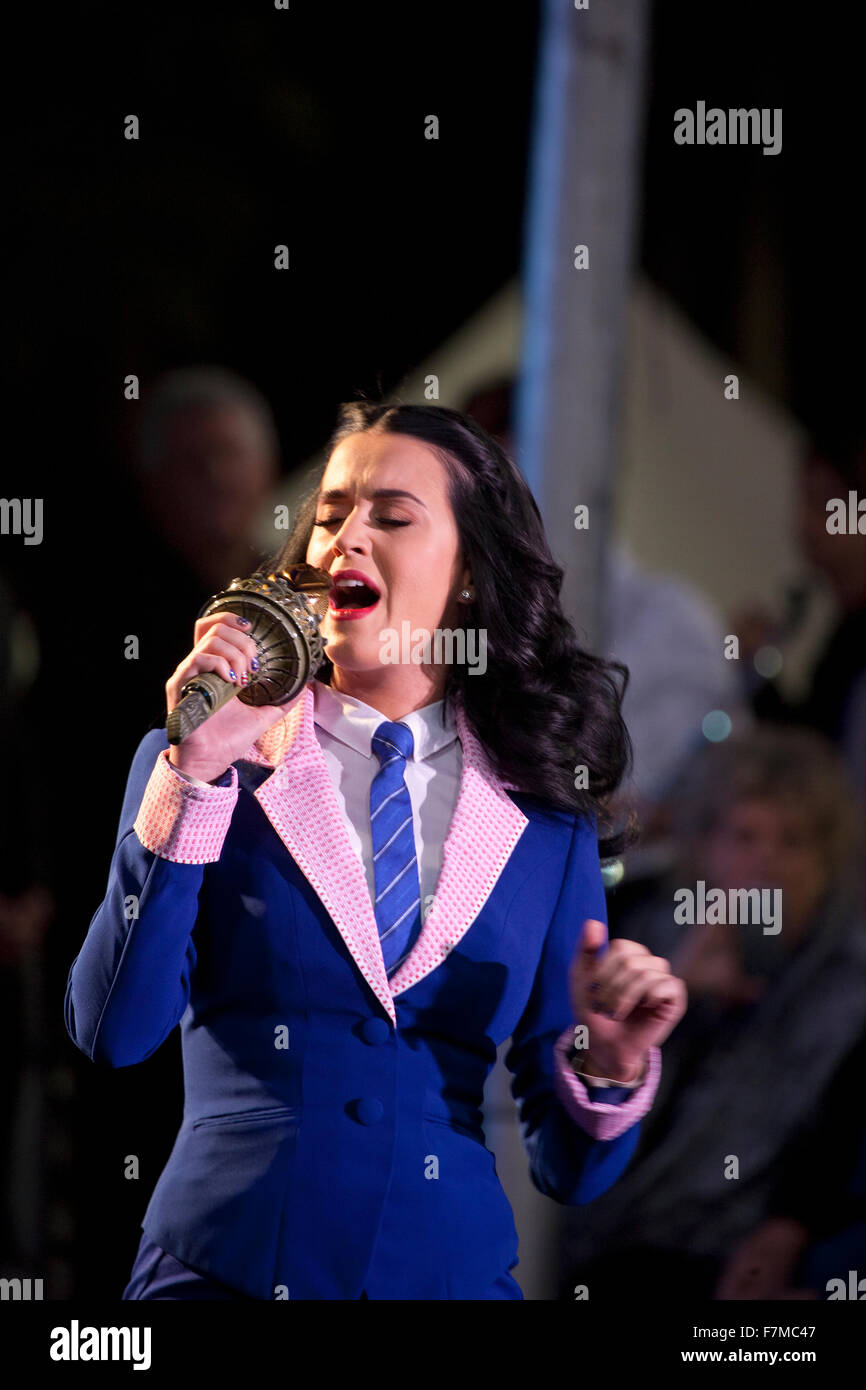 Pop singer Katy Perry sings during a President Barack Obama Campaign Rally, October 24, 2012, Doolittle Park, Las Vegas, Nevada Stock Photo