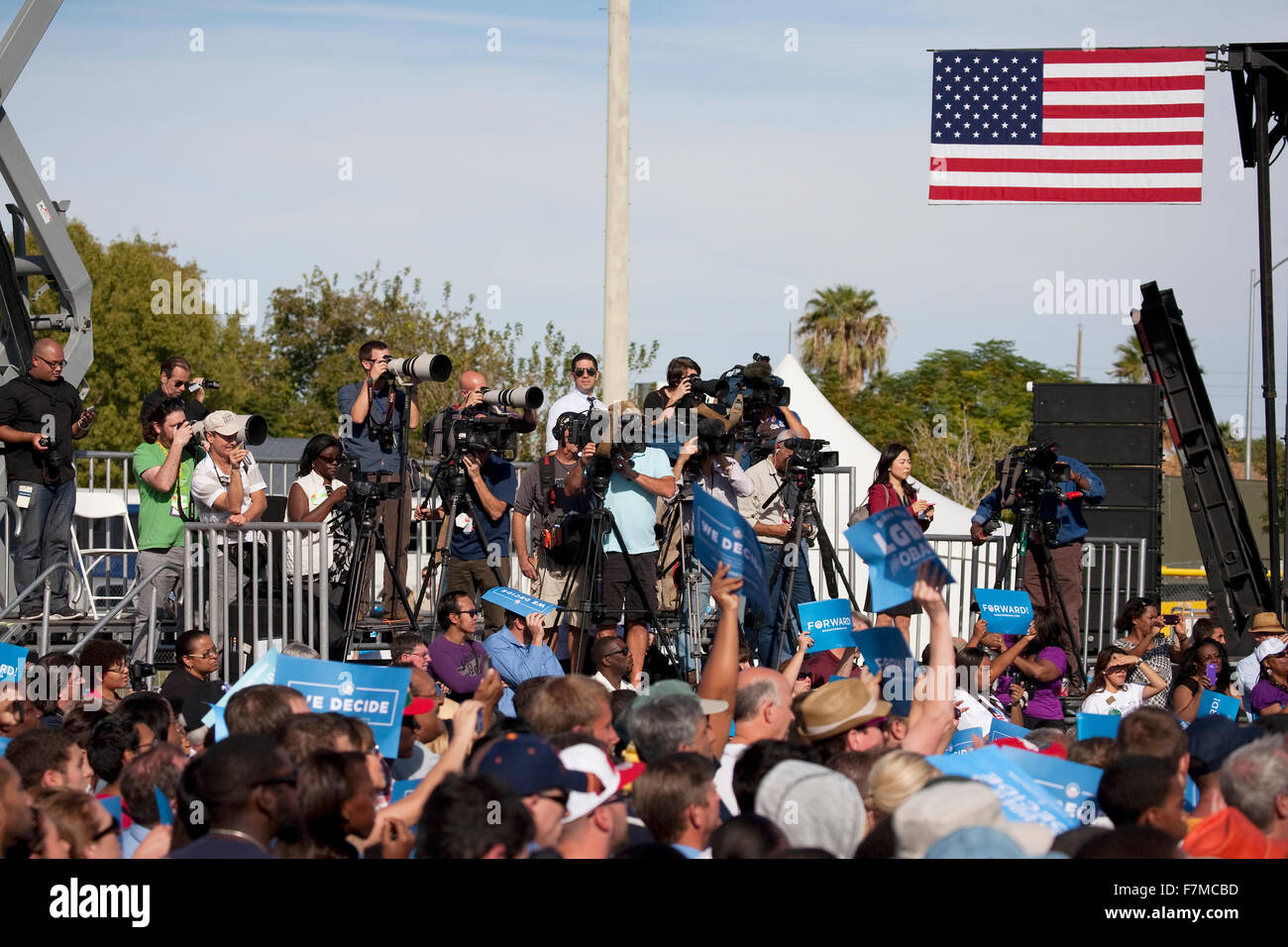 National Press aim cameras during a President Barack Obama Campaign Rally, November 1, 2012, at Cheyenne Sports Complex, North Las Vegas, Nevada Stock Photo