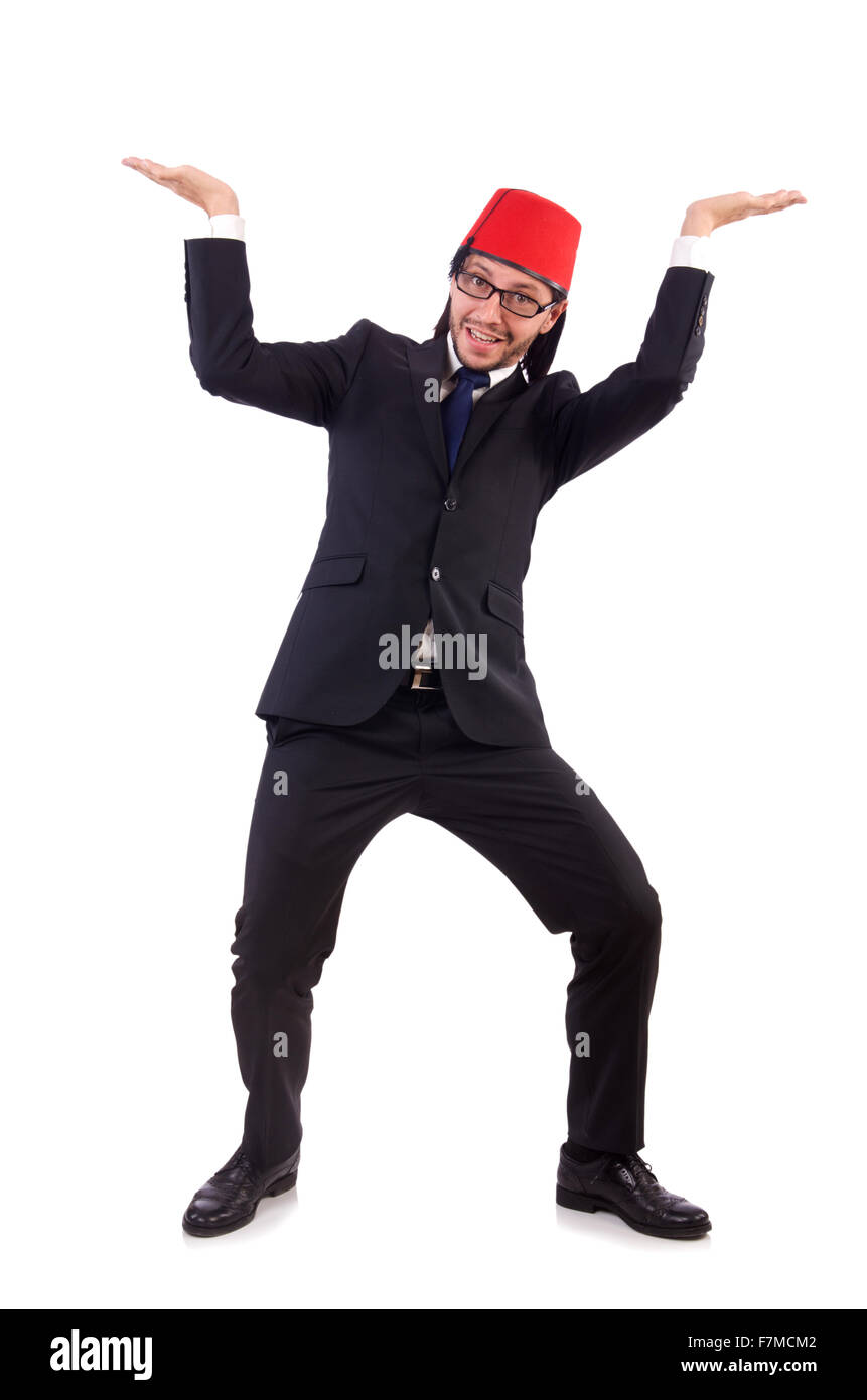 Businessman wearing fez hat isolated on white Stock Photo Alamy