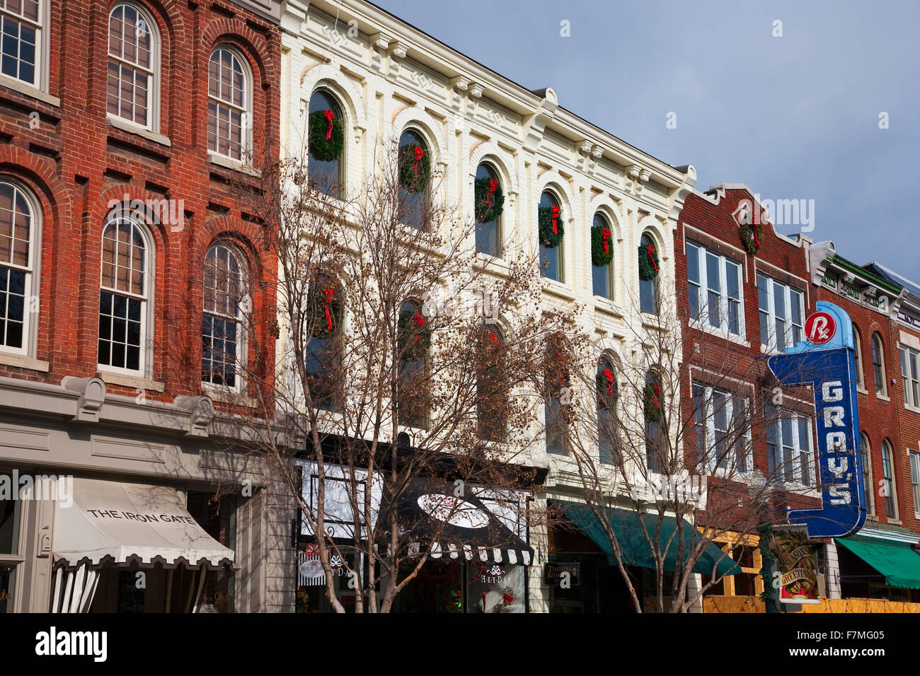 Historic Main Street with Red Brick Storefronts and Gray's Pharmacy in Franklin, Tennessee, a suburb south of Nashville, Williamson County, Tenn. Stock Photo