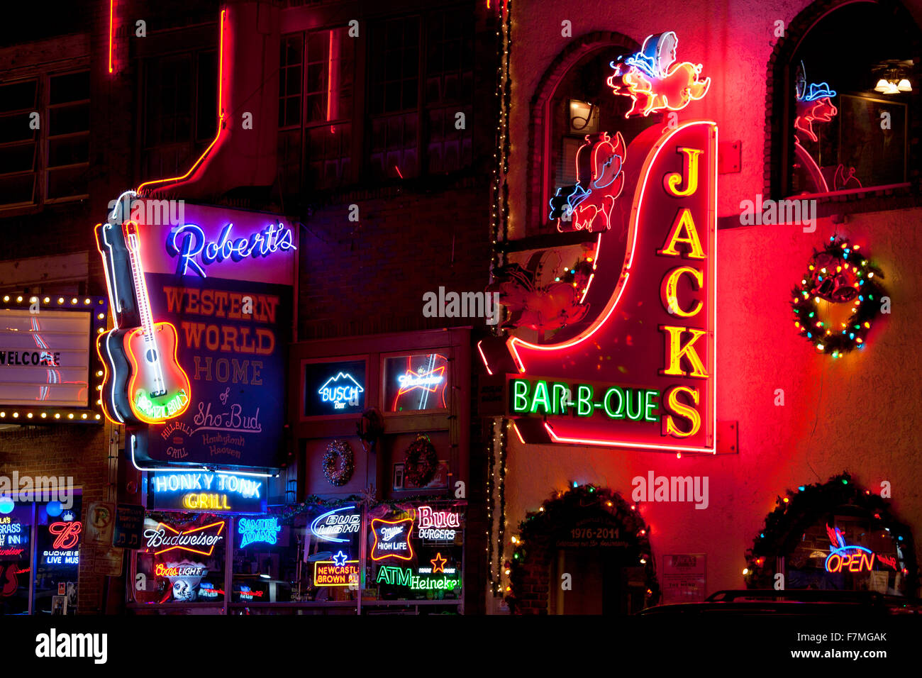 Neon Signs on Lower Broadway Area, Nashville, Tennessee, USA Stock