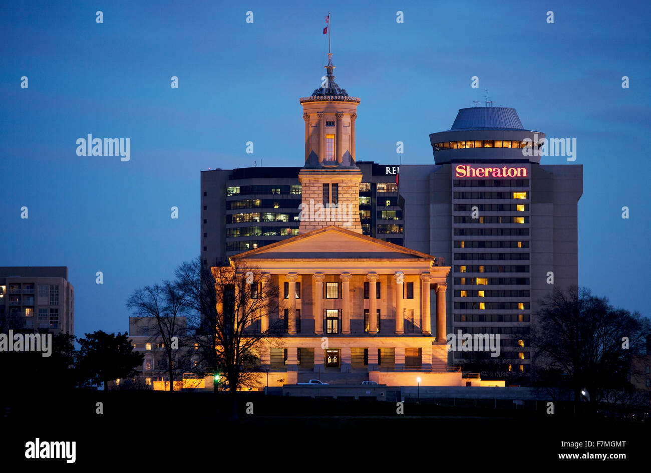 Illuminated State Capitol of Tennessee at dusk, Nashville Stock Photo
