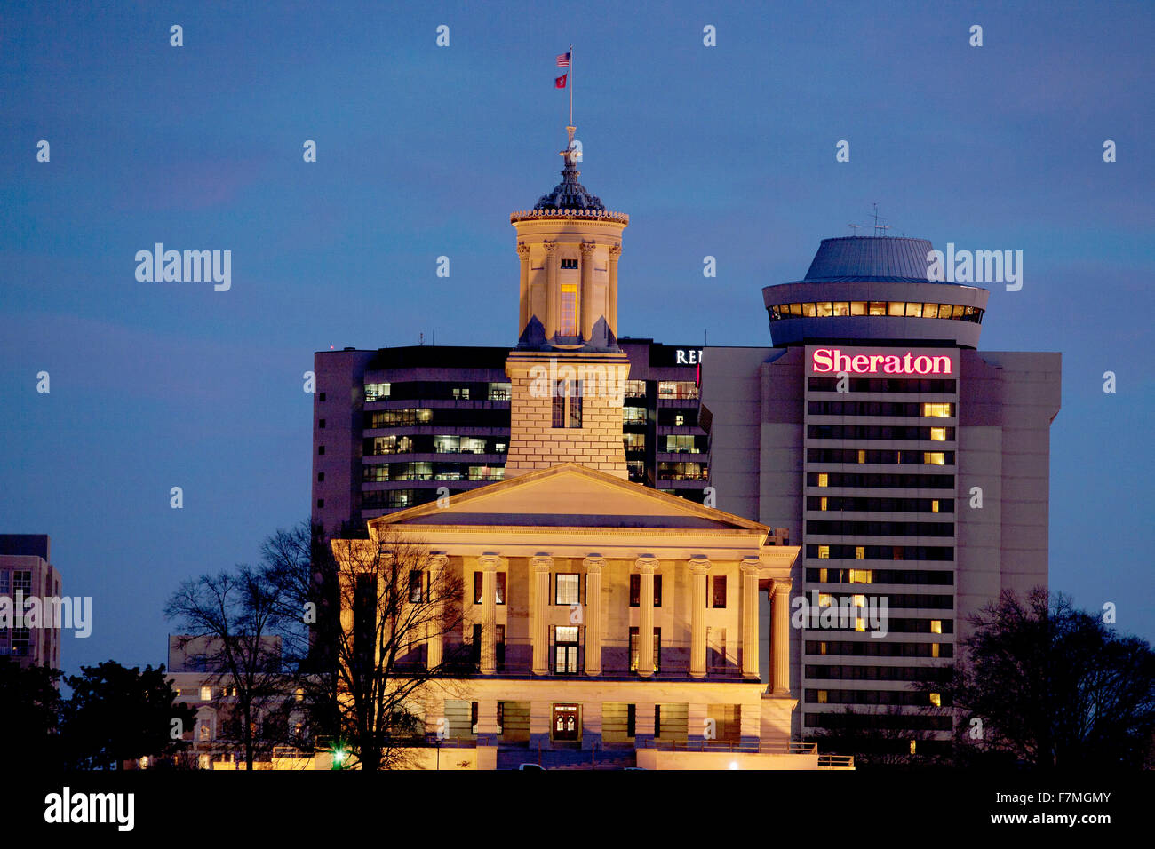 Illuminated State Capitol of Tennessee at dusk, Nashville Stock Photo