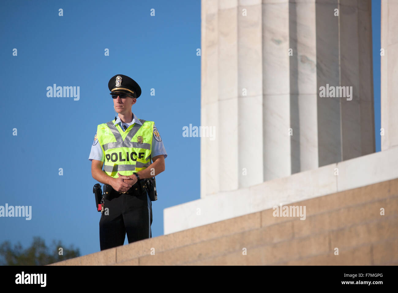 Policeman at the National Action to Realize the Dream march and rally for the 50th Anniversary of the march on Washington and Martin Luther King's I Have A Dream Speech, August 24, 2013, Lincoln Memorial, Washington, D.C. Stock Photo
