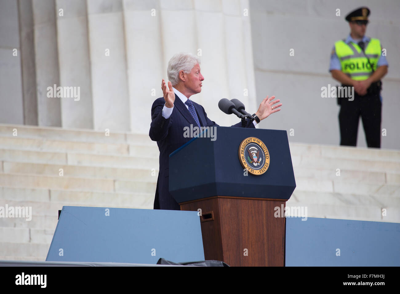 Former US president Bill Clinton speaks during the Let Freedom Ring Commemoration, the 50th anniversary of the March on Washington for Jobs and Freedom at the Lincoln Memorial in Washington, DC on August 28, 2013. Stock Photo