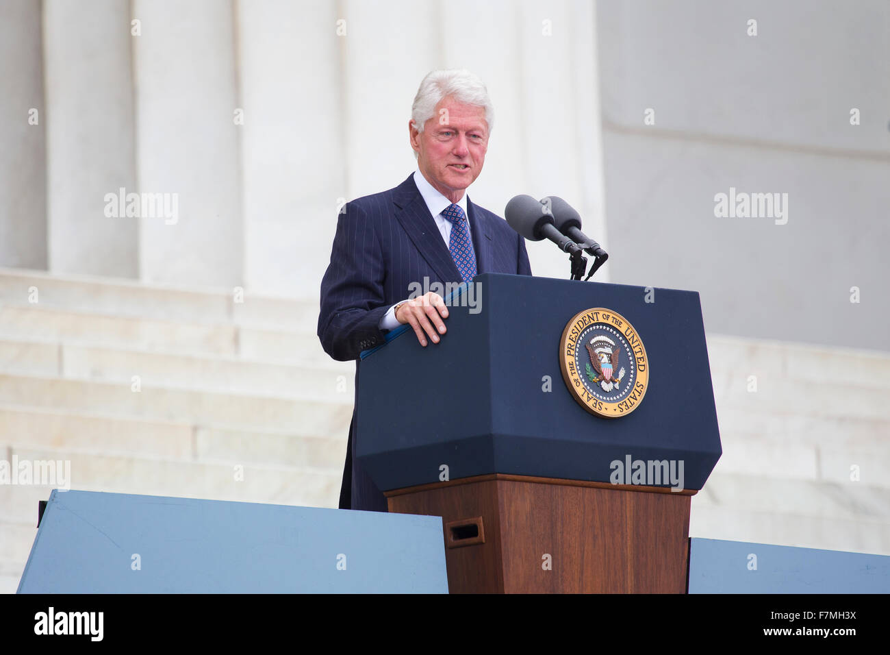 Former US president Bill Clinton speaks during the Let Freedom Ring Commemoration, the 50th anniversary of the March on Washington for Jobs and Freedom at the Lincoln Memorial in Washington, DC on August 28, 2013. Stock Photo