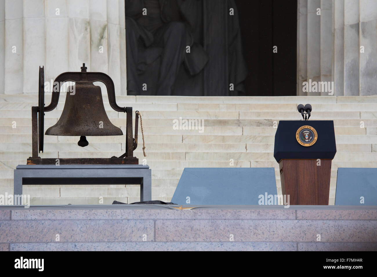Empty Presidential Podium with Seal with Bell from the Birgmingham Church, Alabama, at the Let Freedom Ring ceremony on the steps of the Lincoln Memorial August 28, 2013 in Washington, DC, commemorating the 50th anniversary of Dr. Martin Luther King Jr.'s 'I Have a Dream' speech and the March on Washington. Stock Photo