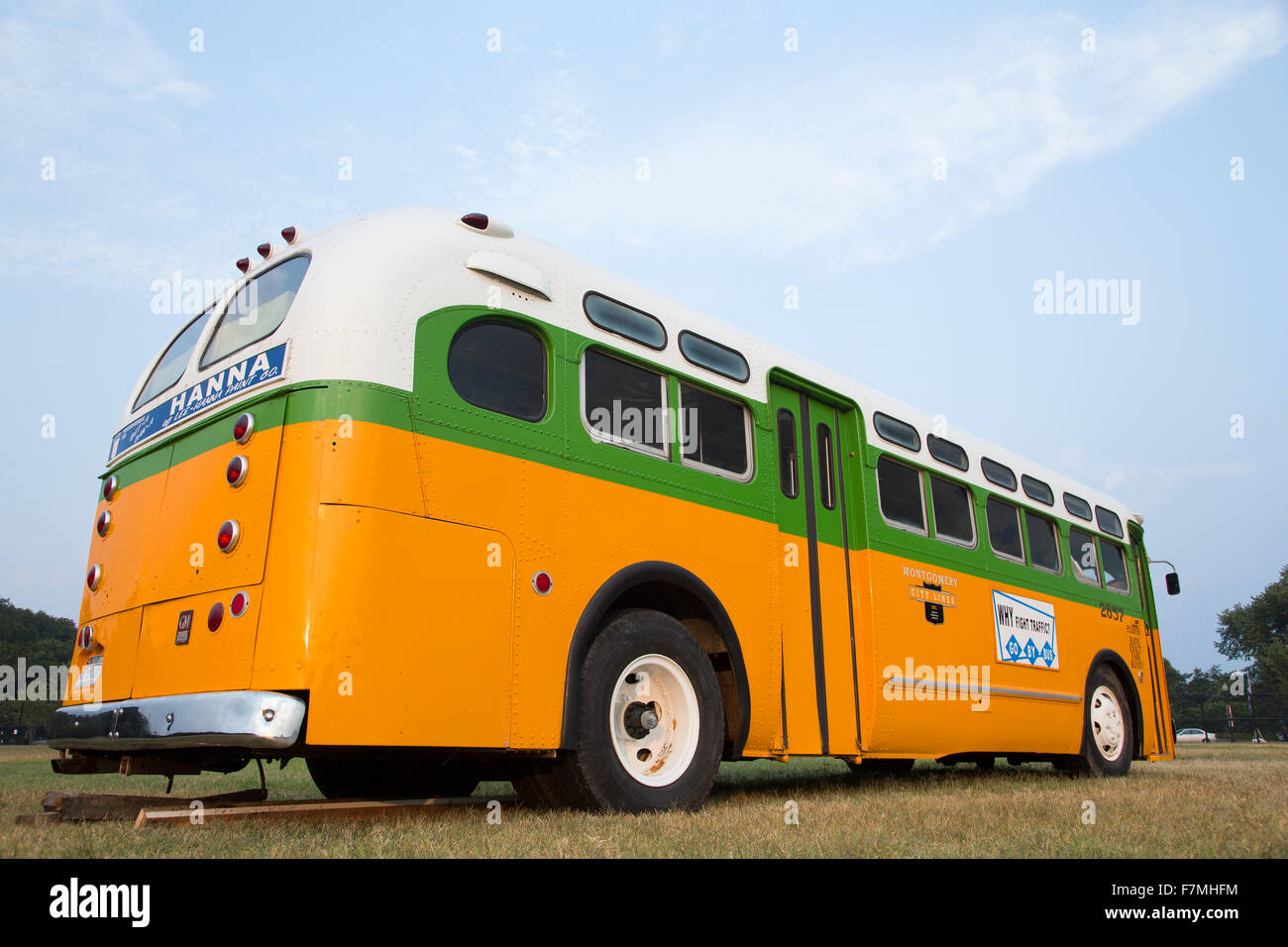 Restored bus Rosa Parks sat in December 1, 1955 from Montgomery Alabama on Cleveland Avenue, is seen in  Washington, D.C. National Mall, for the 50th Anniversary of the march on Washington and Martin Luther King's I Have A Dream Speech Stock Photo