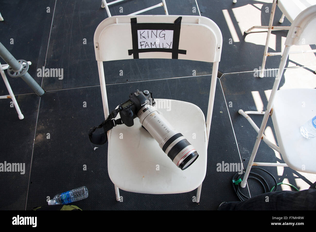 Canon Camera with 100-400 mm zoom lens on chair saying King Family, for Martin Luther King Family, 50th Anniversary, MLK Speech and March on Washington, Washington, DC Stock Photo