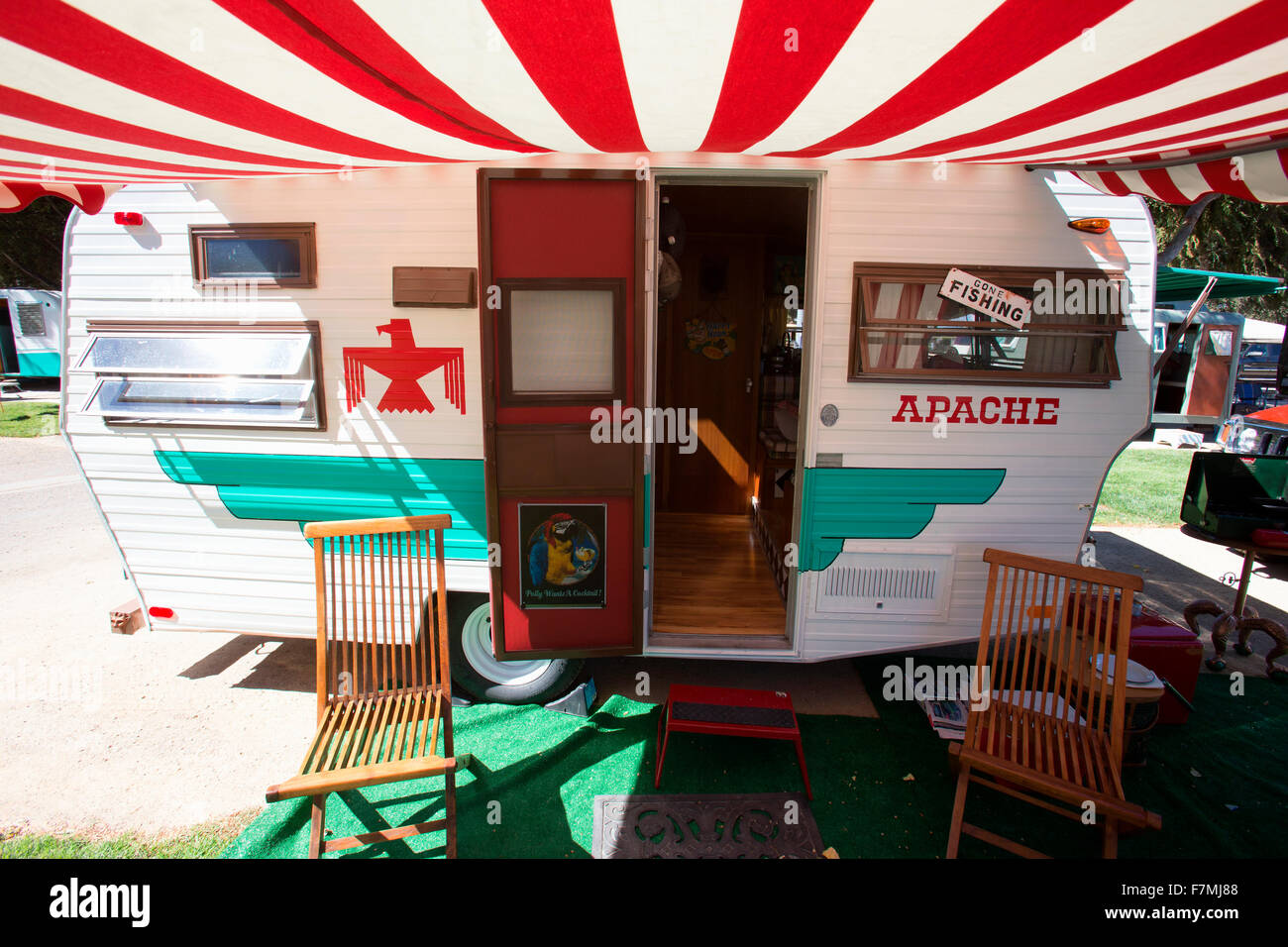 Exterior view of Vintage Apache Trailers and with Red and White awning at the 4th Annual Vintage Trailer Bash, Flying Flag RV Resort, Buellton, California Stock Photo