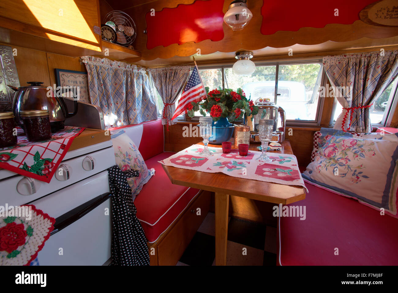 Interior view of breakfast table in a vintage trailer at the 4th Annual Vintage Trailer Bash, Flying Flag RV Resort, Buellton, California Stock Photo