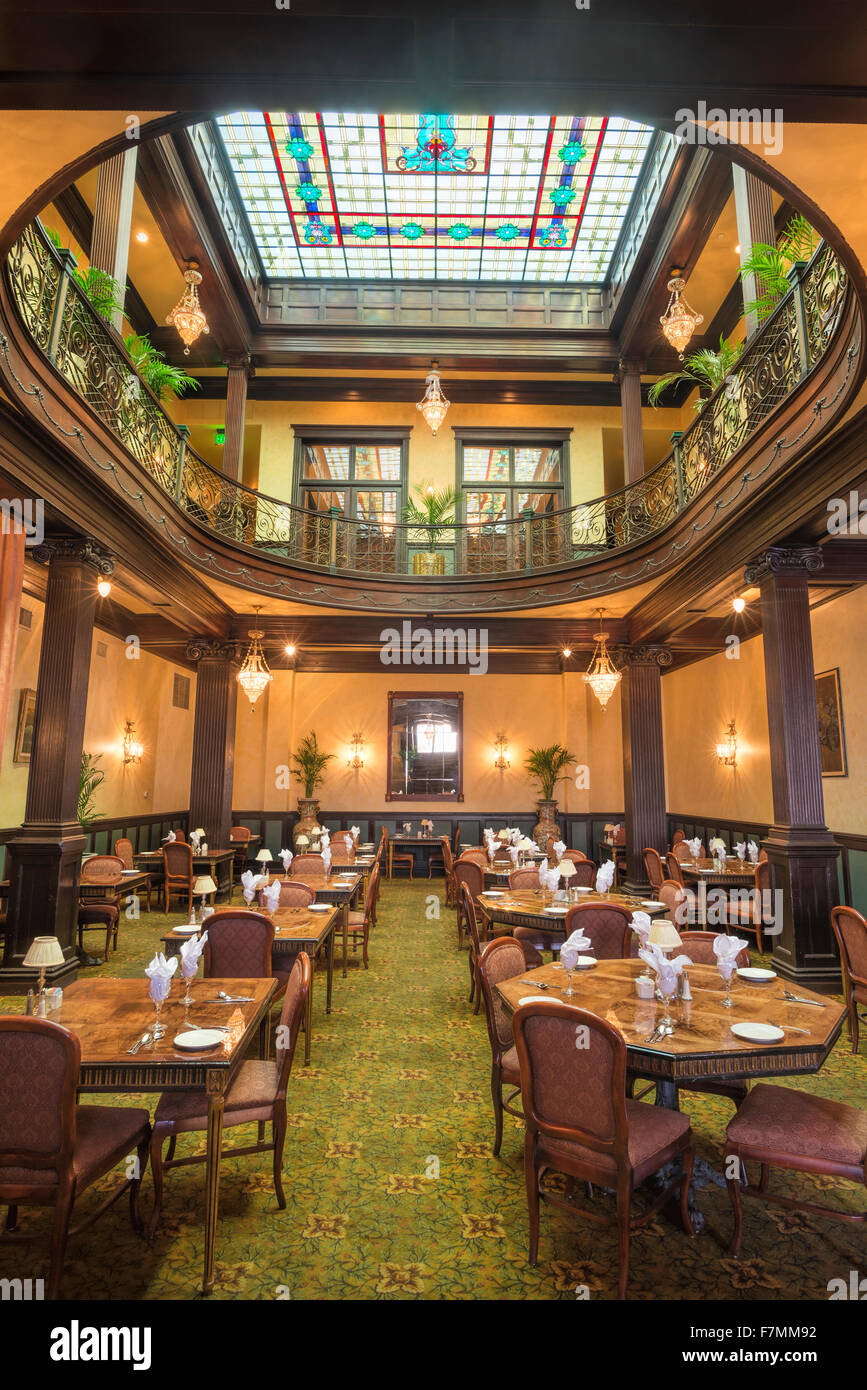 Stained glass ceiling above the dining room of the historic Geiser