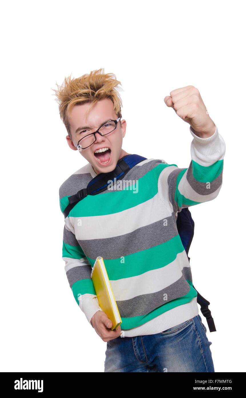 Funny student with books isolated on white Stock Photo - Alamy