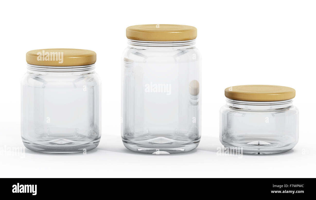 Glass jars with red lids isolated on white background Stock Photo Alamy