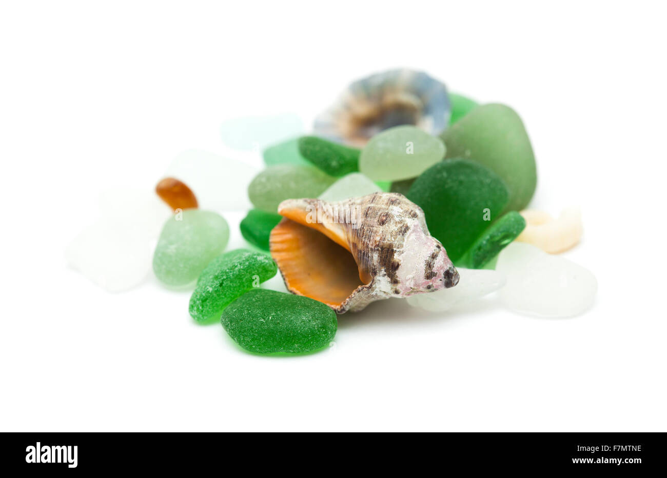 sea glass pieces and shells isolated on white Stock Photo