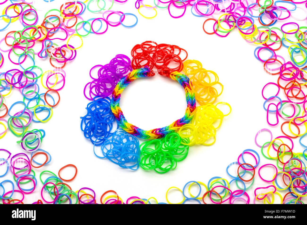 Rainbow loom Colored rubber bands for weaving accessories Stock Photo