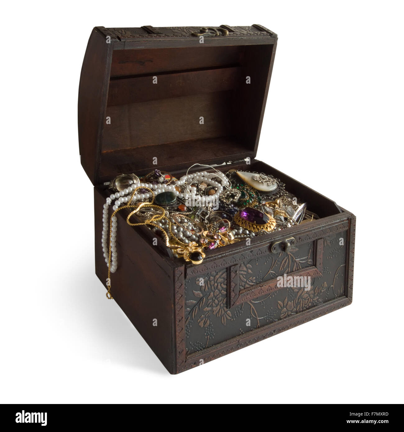 Wooden treasure chest with valuables,clipping path Stock Photo Alamy