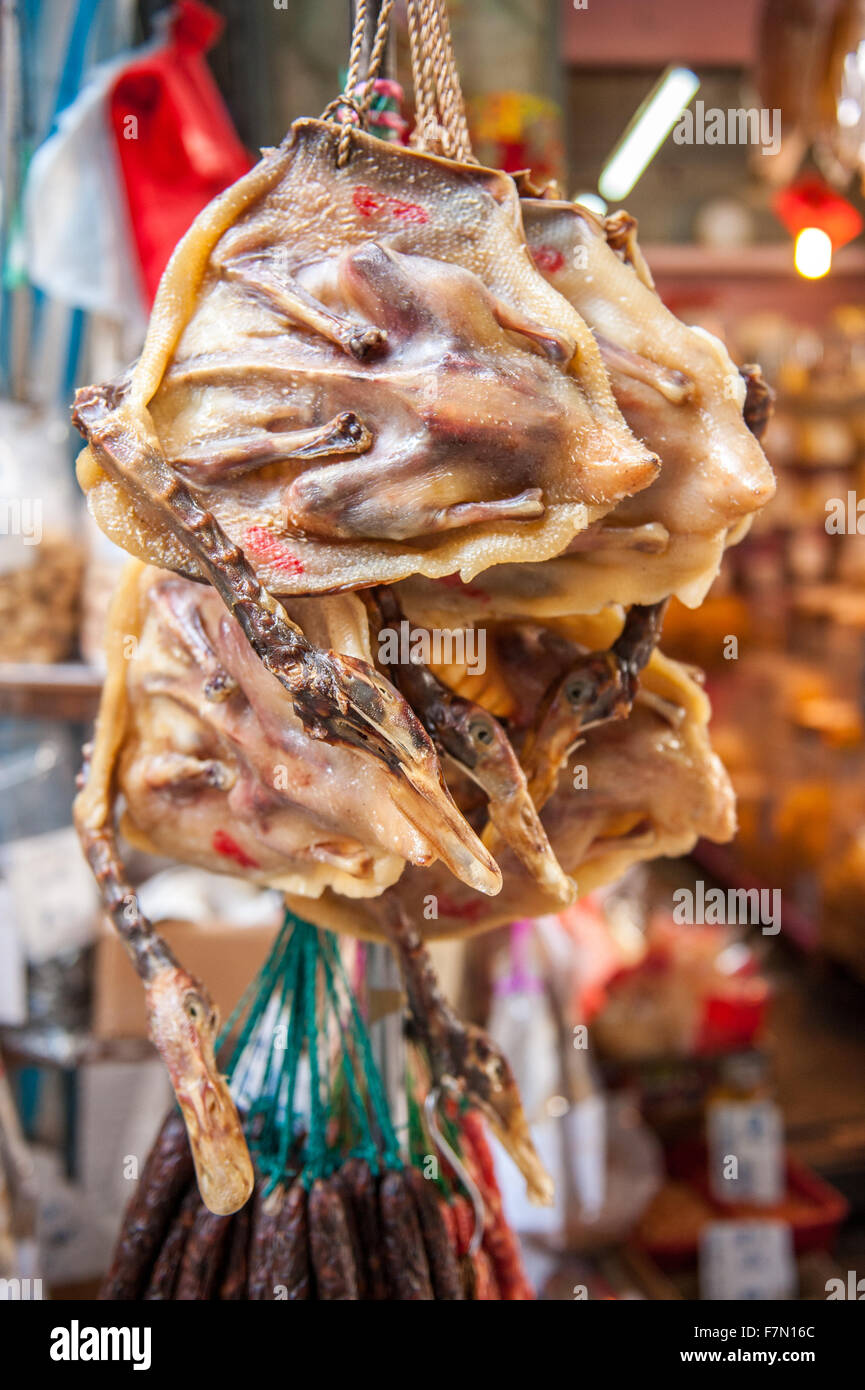 Flattened ducks hanging at market in China Stock Photo