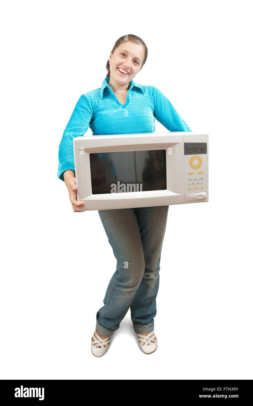 Girl in blue with mini oven. Isolated over white Stock Photo