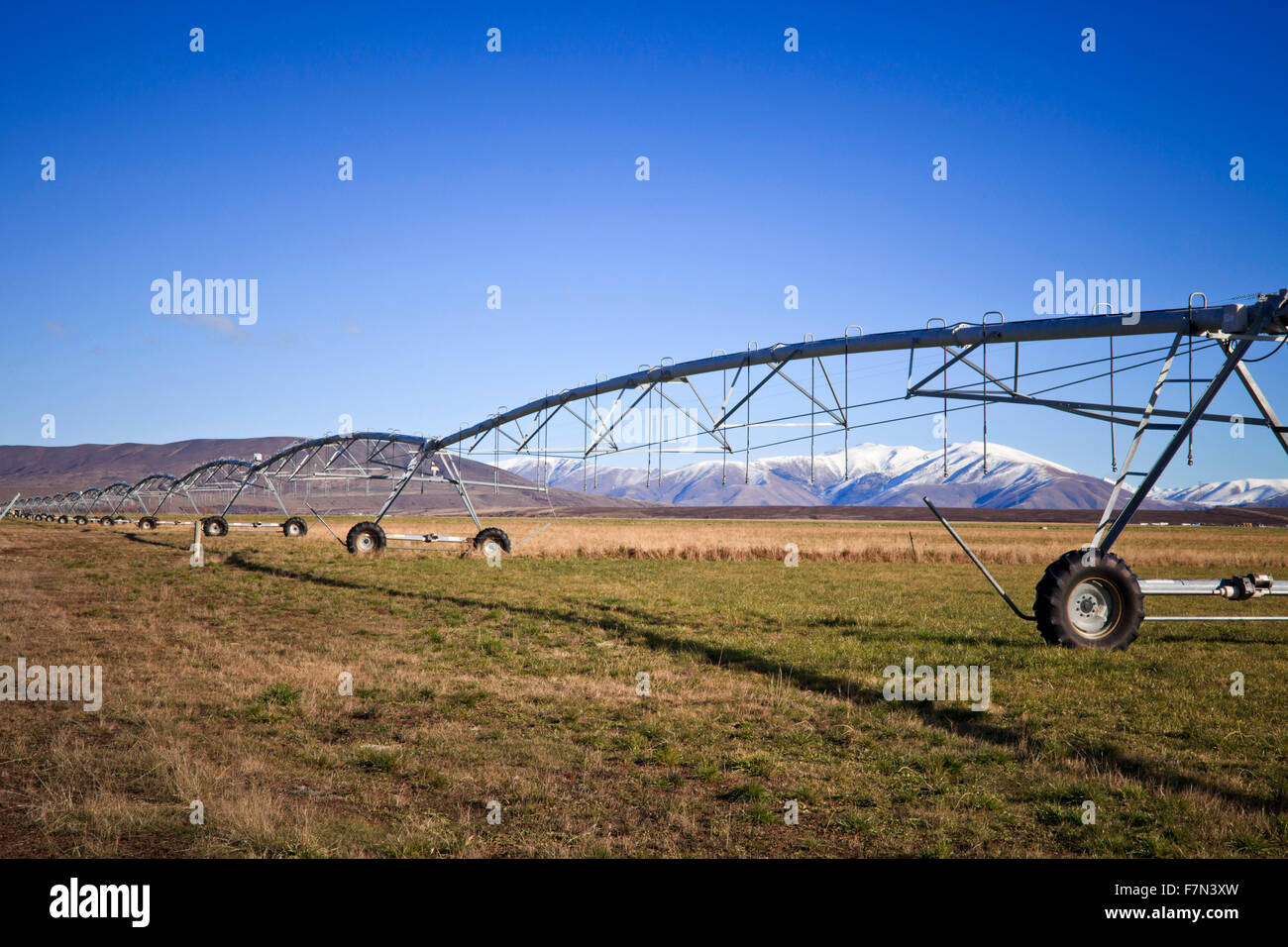 South Island Landscape Scenery with farm irrigation, Canterbury, New Zealand Stock Photo