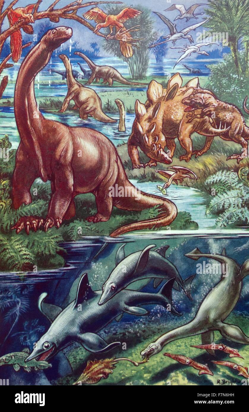 Children's book illustration dated 1930:  dinosaurs and marine animals Stock Photo