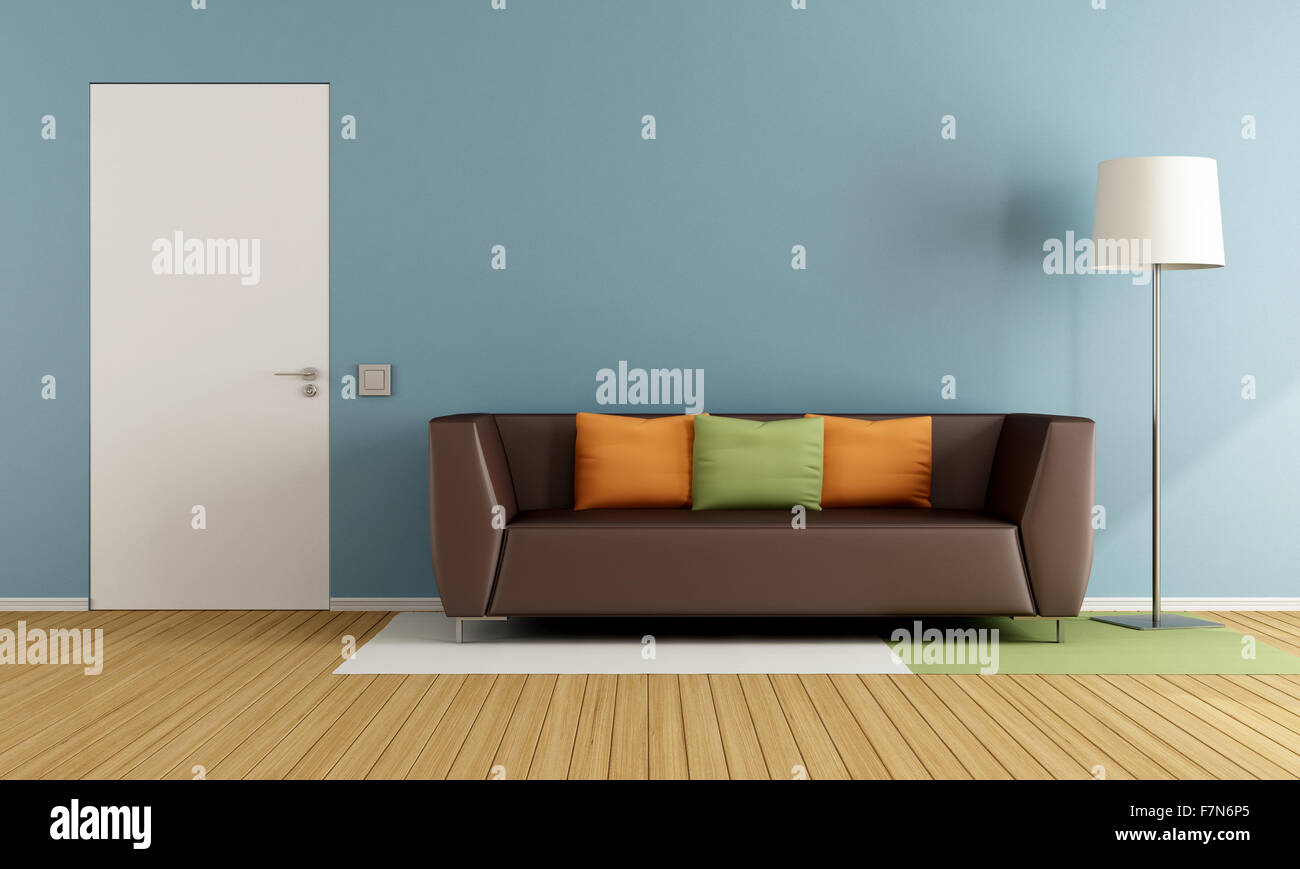 Colorful living room with modern couch and closed door - 3D Rendering Stock Photo