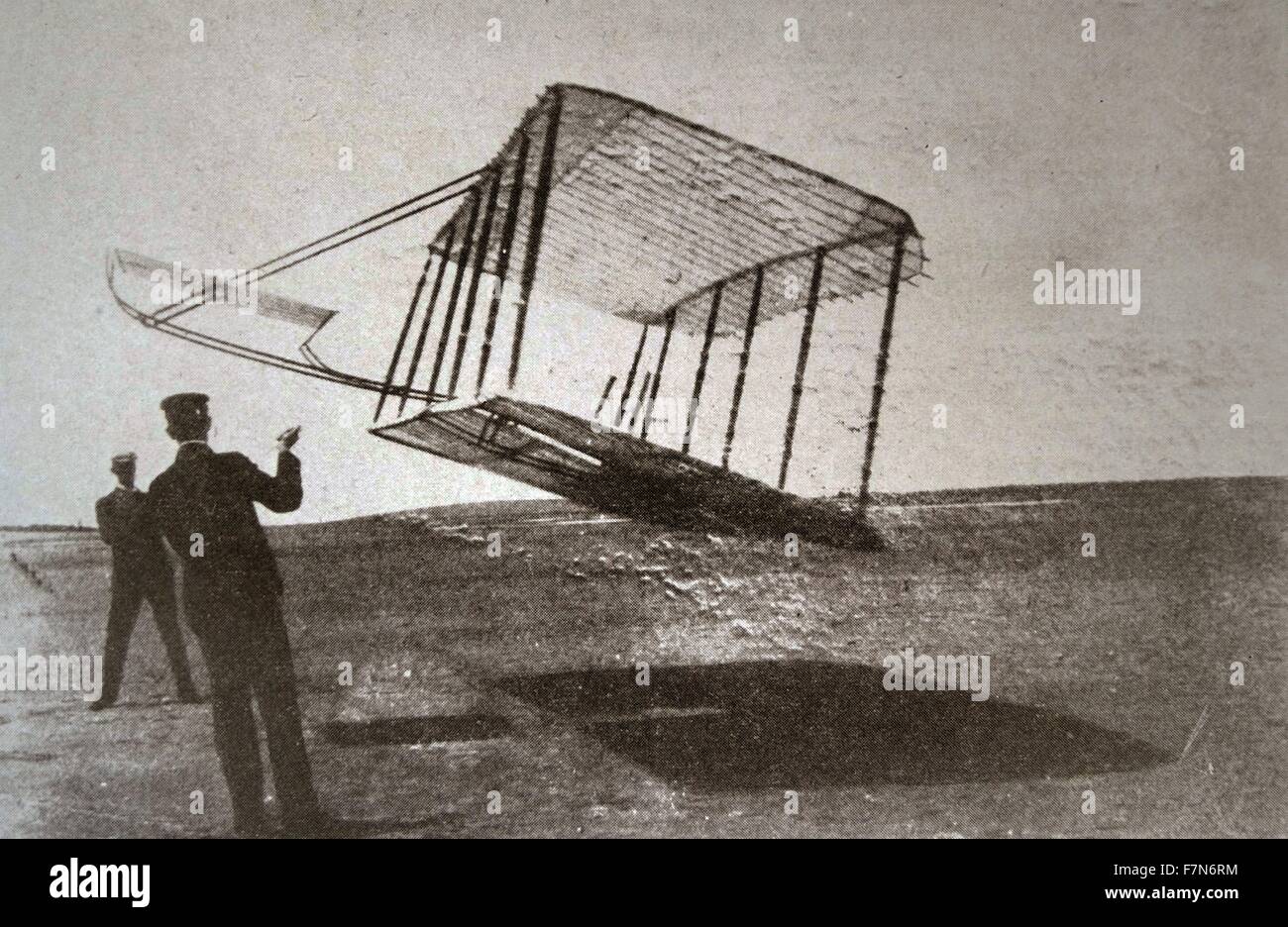 The Wright brothers glider the Kitty Hawk.  This shows the machine with the original twin fixed rudders. 1903 Stock Photo