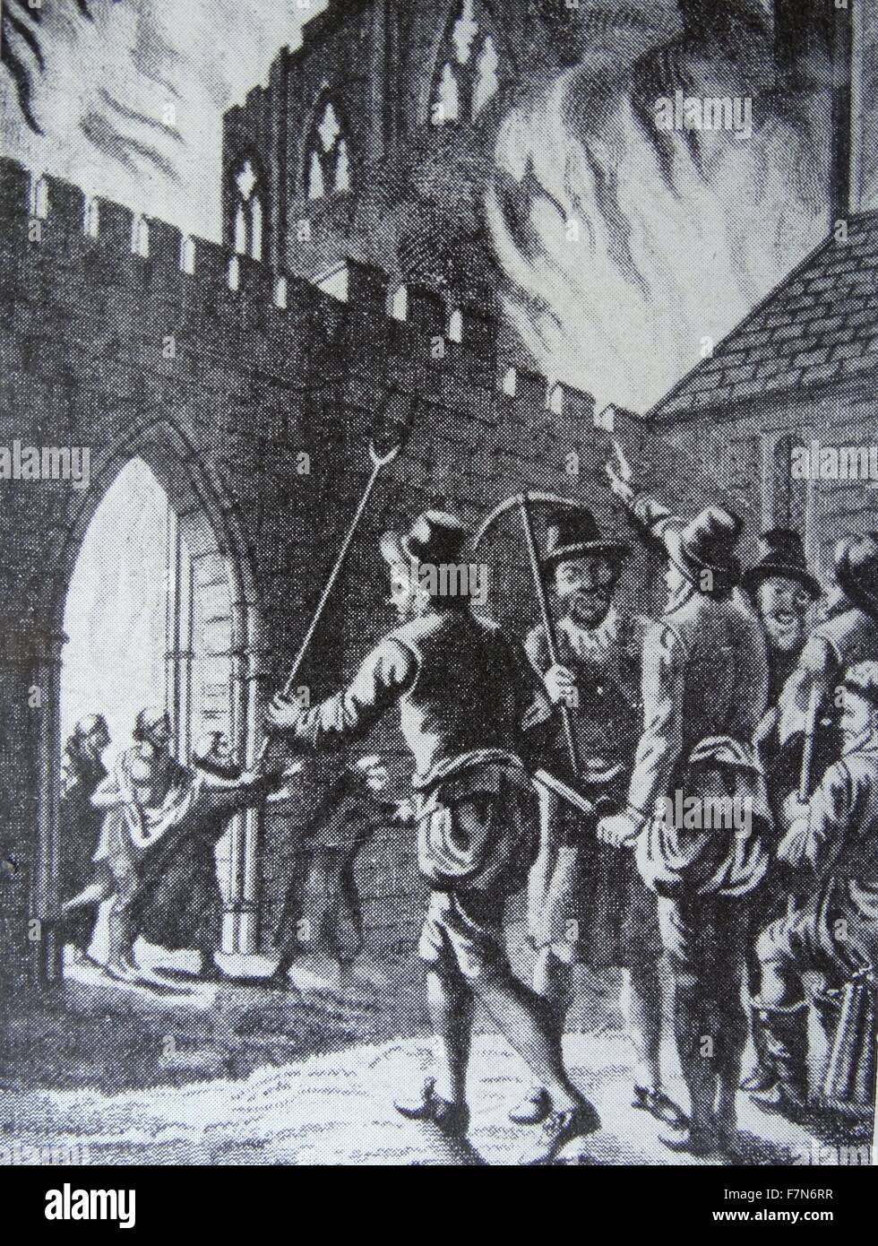 A monastery being burnt by Wat Tyler's mob. Stock Photo