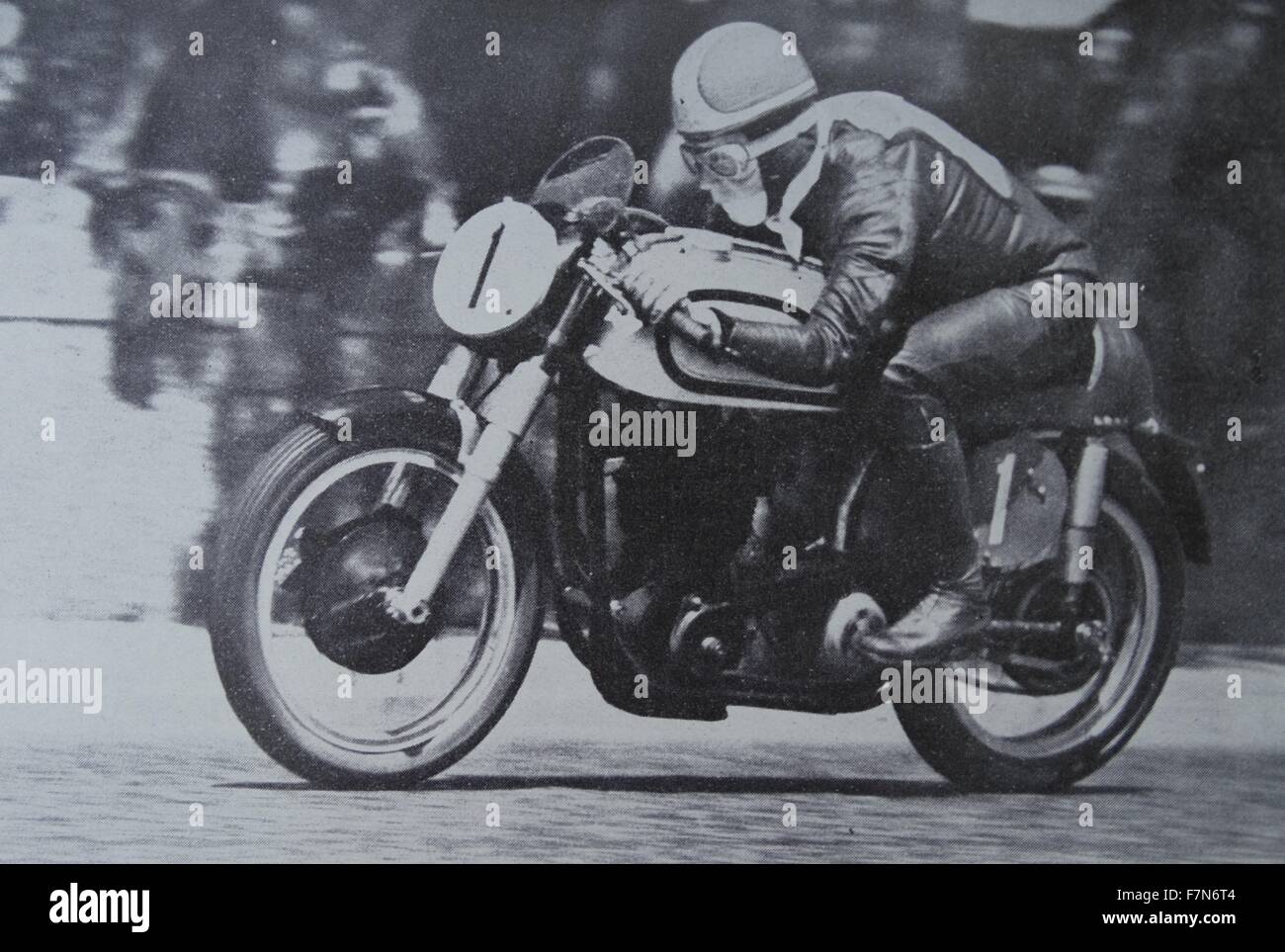 Geoffrey Ernest Duke OBE (born 29 March 1923) is a British multi-time motorcycle Grand Prix road racing world champion. He was born in St. Helens, Lancashire. 1950 Stock Photo