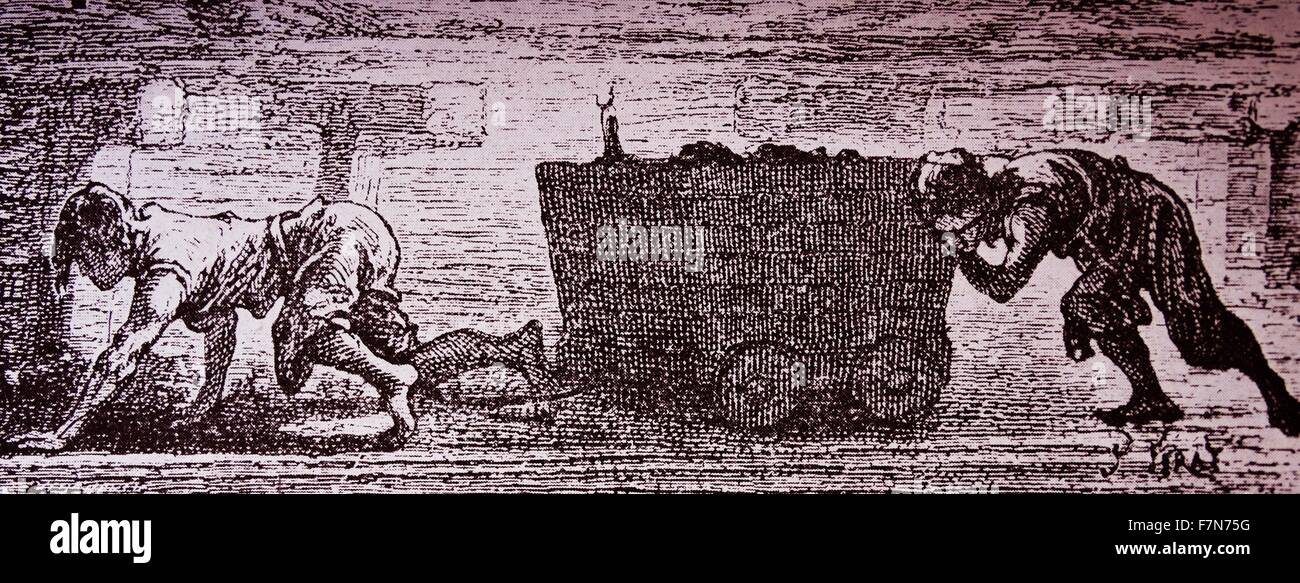 Appalling conditions prevailed in the 18th and early 19th centuries in the coal mines.  Coal was manhandled by barrow, often by women and children. 1840 Stock Photo
