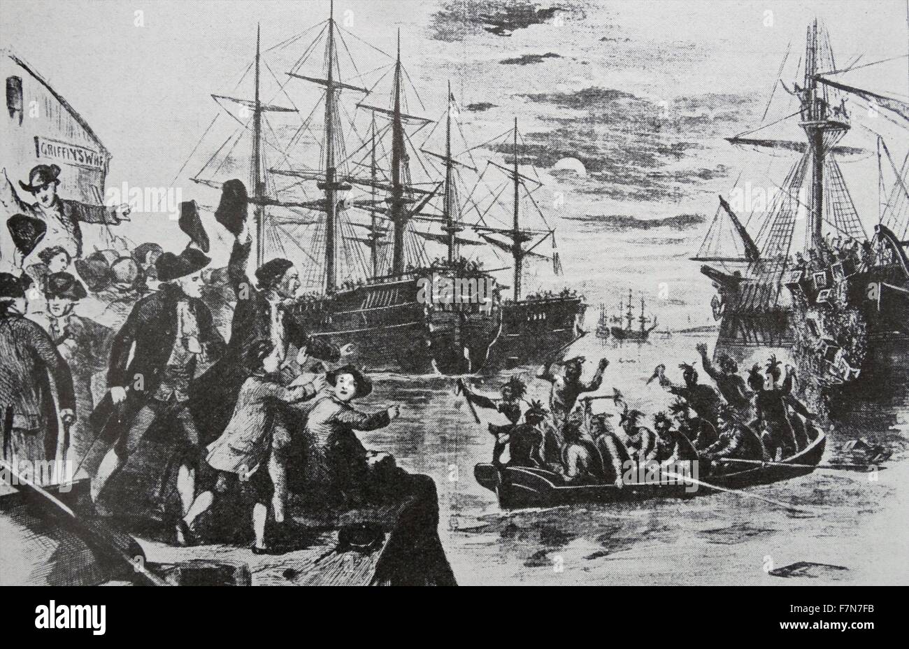 Colonists at Boston protested against the Stamp Act by dressing up as Red Indians and throwing chests of tea overboard.  This got known as the Boston Tea Party. Stock Photo