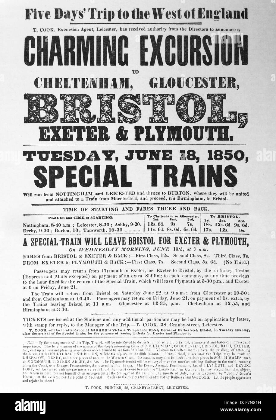 Thomas Cook Ltd advert for: Charming excursion.  Five Days' Trip to the West of England.  Special Trains, Tuesday June 18, 1850. Stock Photo