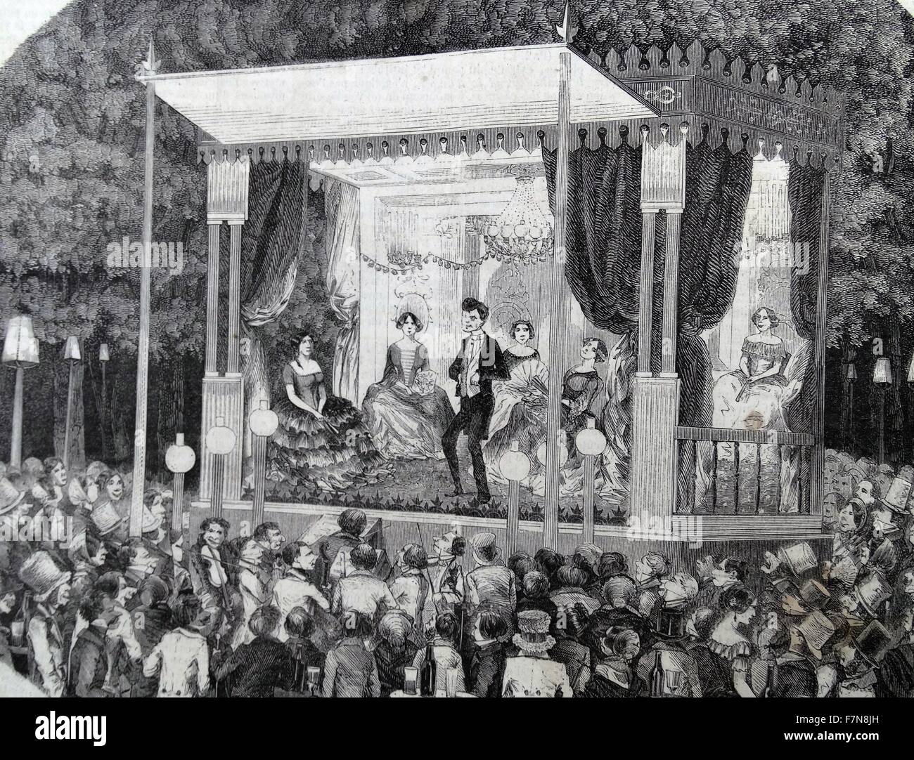 Illustration depicting a Café singer performing by the Champs-Elysees, Paris, France. Dated 1870 Stock Photo