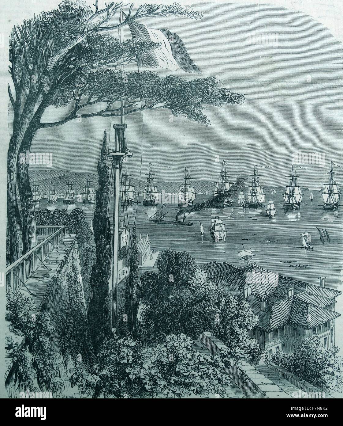 Illustration depicting the Ottoman fleet at anchor Boyouk-D'ère - View from the terrace of the palace of the Embassy of France, Terapia. Dated 1880 Stock Photo