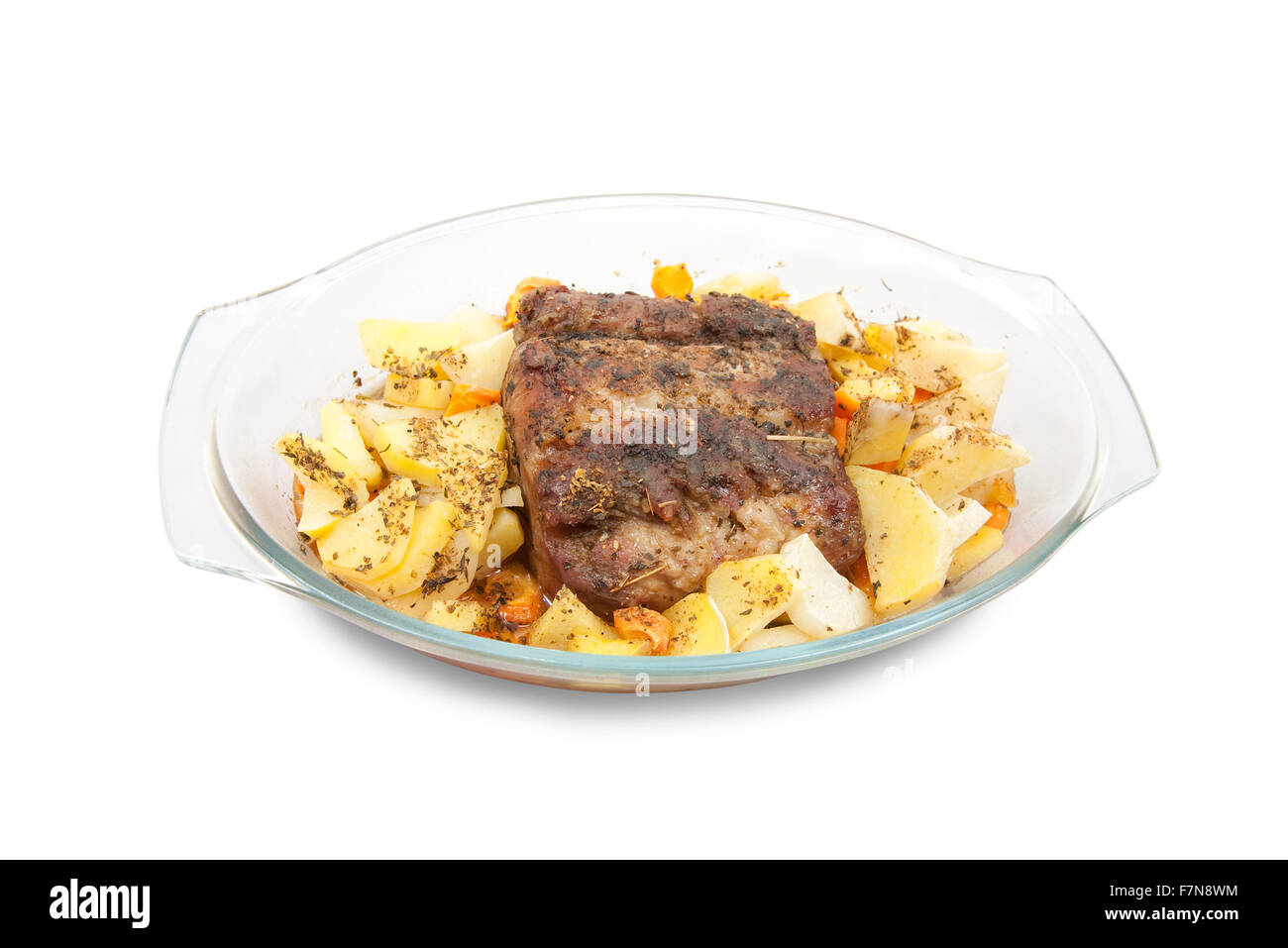 steak with potato on glass plates grilled microwave oven Stock Photo